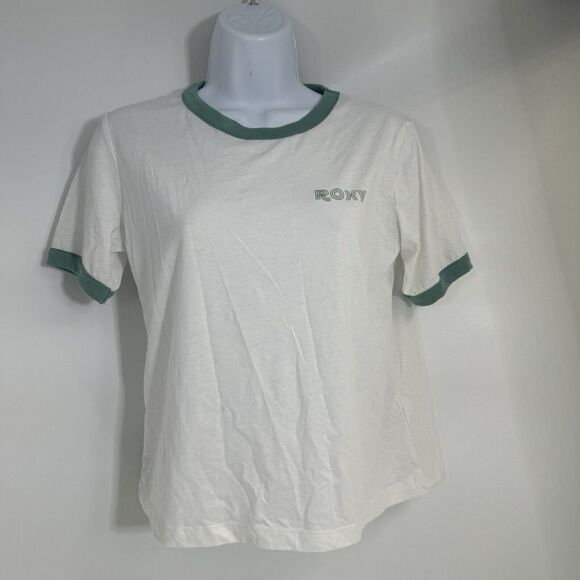 Roxy Tops - Roxy Womens White Green Ringer Tee Palm‎ Tree Graphic Surf T-Shirt Small